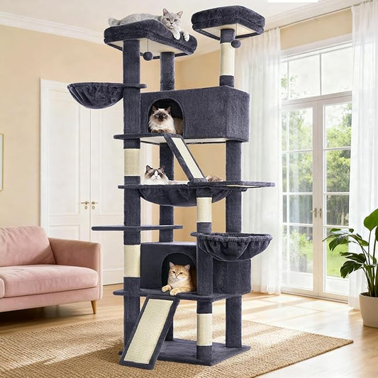 ABCPET Cat Tree 82 in Multi-Level Cat Tower for Indoor Cats, Heavy Duty Large Cat Tree with Sisal Scratching Posts, Hammock, 2 Perches, 2 Condos, 2 Hanging Baskets, Dark Grey