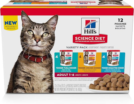 Hill's Science Diet Adult 1-6 Wet Cat Food Variety Pack, Chicken, Tuna, & Ocean Fish, 2.8 oz. Pouches, 12-Pack