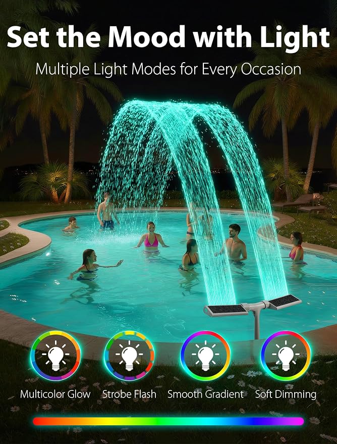 POOLHOUR 2026 Upgrade Height Solar Pool Fountain with 10-Color 4-Mode LED Lights, Auto Light-Sensing Pool Sprinkler Fountain for Above/Inground Pools, 360° Adjustable Spray for 8-16°F Cooling（White）