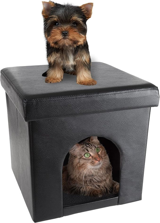 Cat House – Collapsible Multipurpose Small Dog or Cat Ottoman with Footrest, Cushioned Top, and Interior Pillow by PETMAKER (Black)