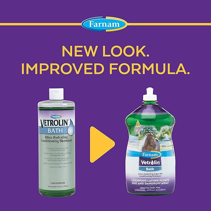 Farnam Vetrolin Bath Ultra-Hydrating Shampoo for Horses and Dogs 32 Ounces,Green (Pack of 2)