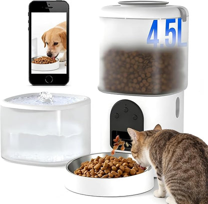 Automatic Cat Feeder with Camera 1080P HD Video 2.4G&5G WiFi Cat Water Fountain with Moving Water Feature Timed Auto Feeder with APP Control,Multiple Cats, Detachable for Easy Clean