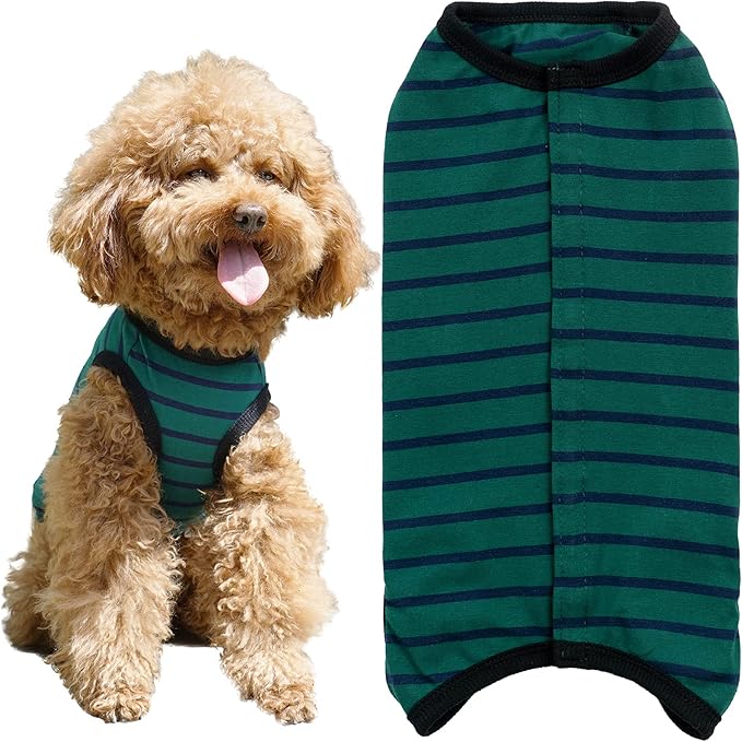 Dog’s Recovery Suit Post Surgery Shirt for Puppy, Wound Protective Clothes for Little Animals(Green Black Stripe-xs)