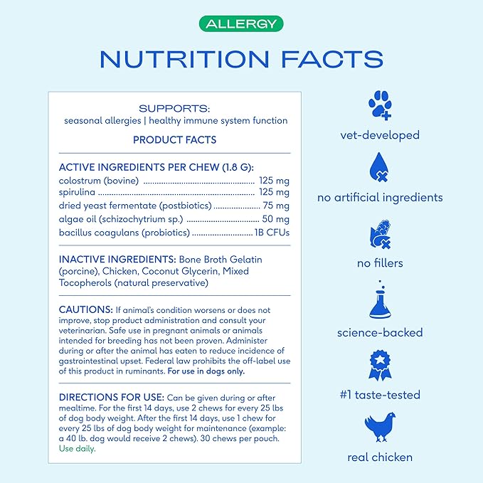 Native Pet Dog Allergy Chews - Dog Allergy Relief for Large Breeds - Supports Seasonal Itch Relief, Healthy Immune Function & Reduces Sneezing - Colostrum, Spirulina, & Probiotics - 30 Days Supply