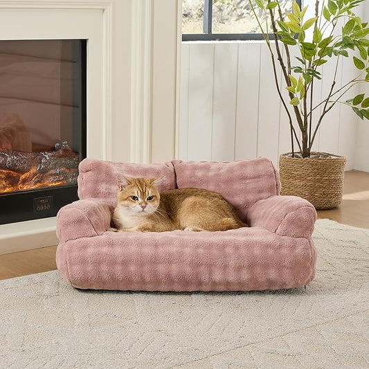 Cat Couch Bed, Cute Soft Pet Sofa for Indoor Cats Kittens Puppies with Removable Washable Cover, 26"x15", Dusty Pink