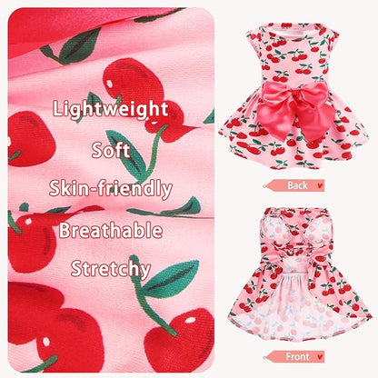 PUPTECK Print Dog Dress Pet Apparel with Cute Bowtie Puppy Clothes Outfit, Cherry, XS