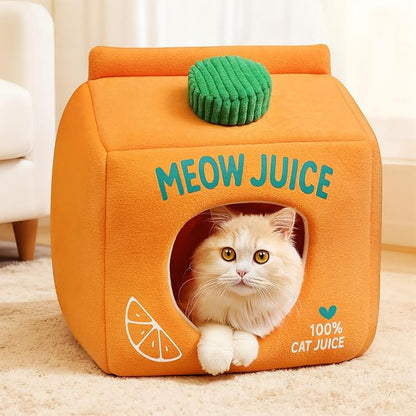 Juice Box Cat Cave Bed - Covered Cat Beds for Indoor Cats with Removable & Washable Cushion, Enclosed Kitten Puppy Hut, Cute Kitty Hideaway for Small Cats Dogs and Pet Breeds