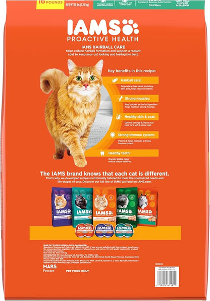 IAMS Proactive Health Dry Cat Food Hairball Care, Adult Cat Food, with Real Chicken and Salmon, 16 lb. Bag