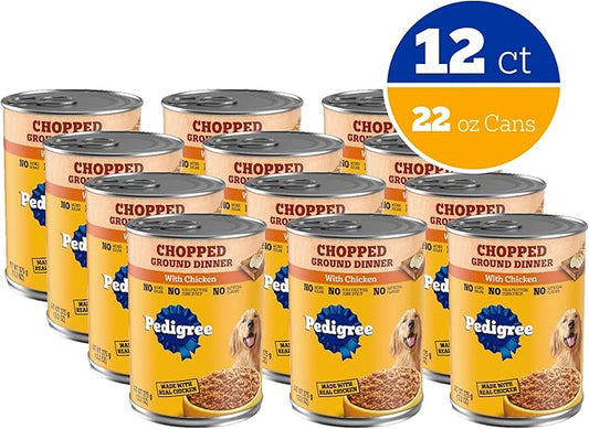 Pedigree Chopped Ground Dinner Adult Soft Wet Dog Food with Chicken, Canned Dog Food, 13.2 oz. Cans, 12 Count