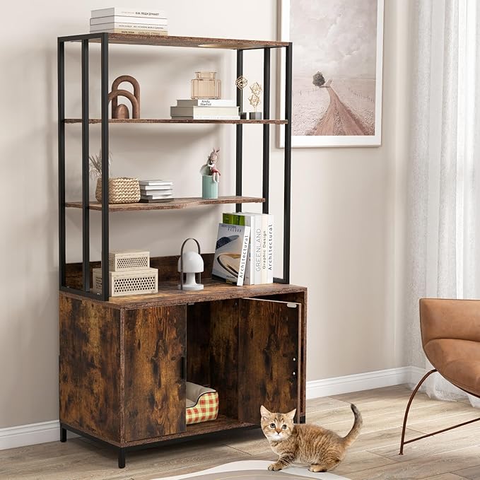 PETSITE Cat Litter Box Furniture with 3 Shelves and Doors, 61 inch Tall Cat Box Enclosure with Display Shelves, Scratching Pad, Indoor Hidden Litter Box with Decorative Storage Shelving (Rustic Brown)