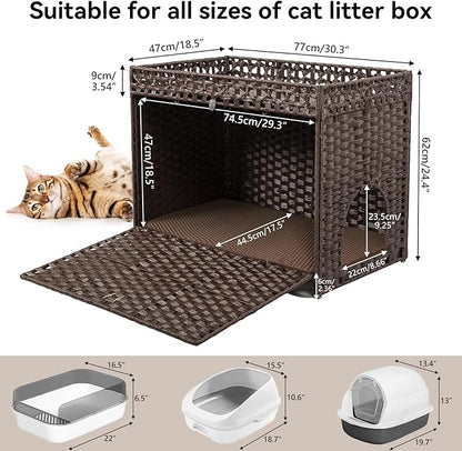Cat Litter Box Enclosure Furniture Hidden, Pet House Litter Box Furniture for Large Cats, Handwoven Rattan with Door Cat Washroom Box, Indoor Cat House Storage with Soft Litter Mat, Brown