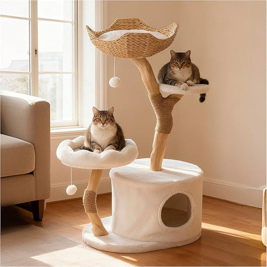 COSIEST 42.5" Tall Cat Tree Tower for Indoor Cats, Modern Cat Tower with Natural Sisal Scratching Posts, Ball & Resin Trunks, Rattan Cat Tree with Condo, Cat Furniture for Multi-Cat Households, White