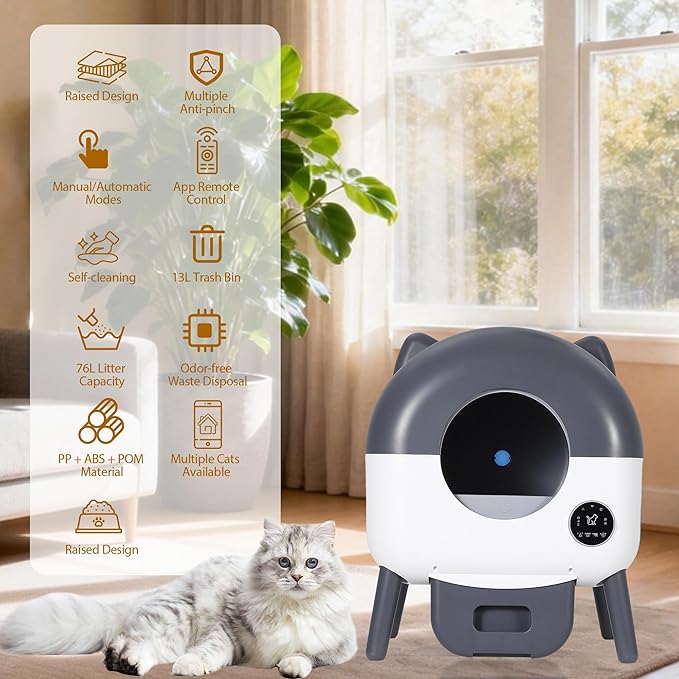 Self-Cleaning Cat Litter Box with Large Capacity and Automatic Cleaning, Smart Cat Litter Box with App Control, Automatic Litter Box Triple Safety Protection, 1 Rolls Garbage Bags, Dark Gray