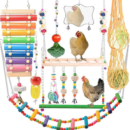 Chicken Toys for Coop 12PCS Set, KAKUNM Chicken Enrichment Toys，Including Xylophone, Swing Set, Mirror Toy, Flexible Ladder, Vegetable String Bag and Hanging Feeder, Coop Accessories for Hens