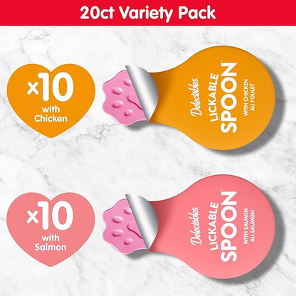 Delectables Lickable Spoon Handheld Wet Cat Treats Made with Real Chicken & Salmon, Quick & Easy Creamy Puree, Mess Free, Grain-Free, No Added Fillers, No by-Products, Variety Pack, 20ct