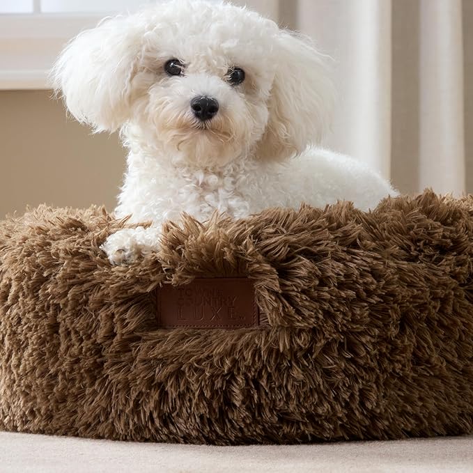 Town & Country Luxe CuddleTown Fuzzy Solid Donut Pet Bed, Soft, Cozy & Calming, Non-Slip Bottom, 100% Machine Washable, Brown, XS 19"x19"x7" Round