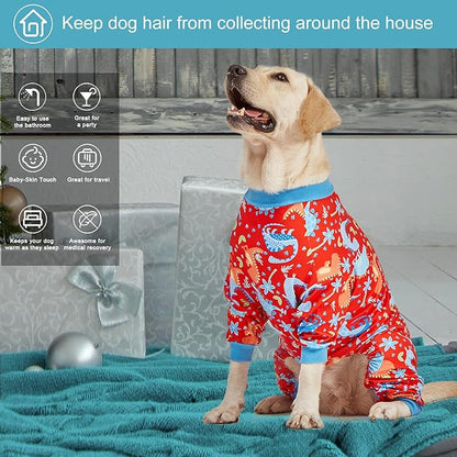 LovinPet Pitbull Dog Pajamas, Large Dog Onesies for Surgery Care, Lightweight Stretchy Knit Fabric, Dinosaur Jungle Red Print, Pet Clothes, UV Protection, Pet Anxiety Relief, PJ's for Dogs, M