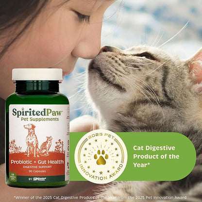 Spirited Paw Probiotic + Gut Health - Digestive & Immune Support for Dogs & Cats - Prebiotic, Probiotic & Postbiotic Pet Care Blend with Organic Buckwheat & Chicory Root Fiber - 90 Capsules