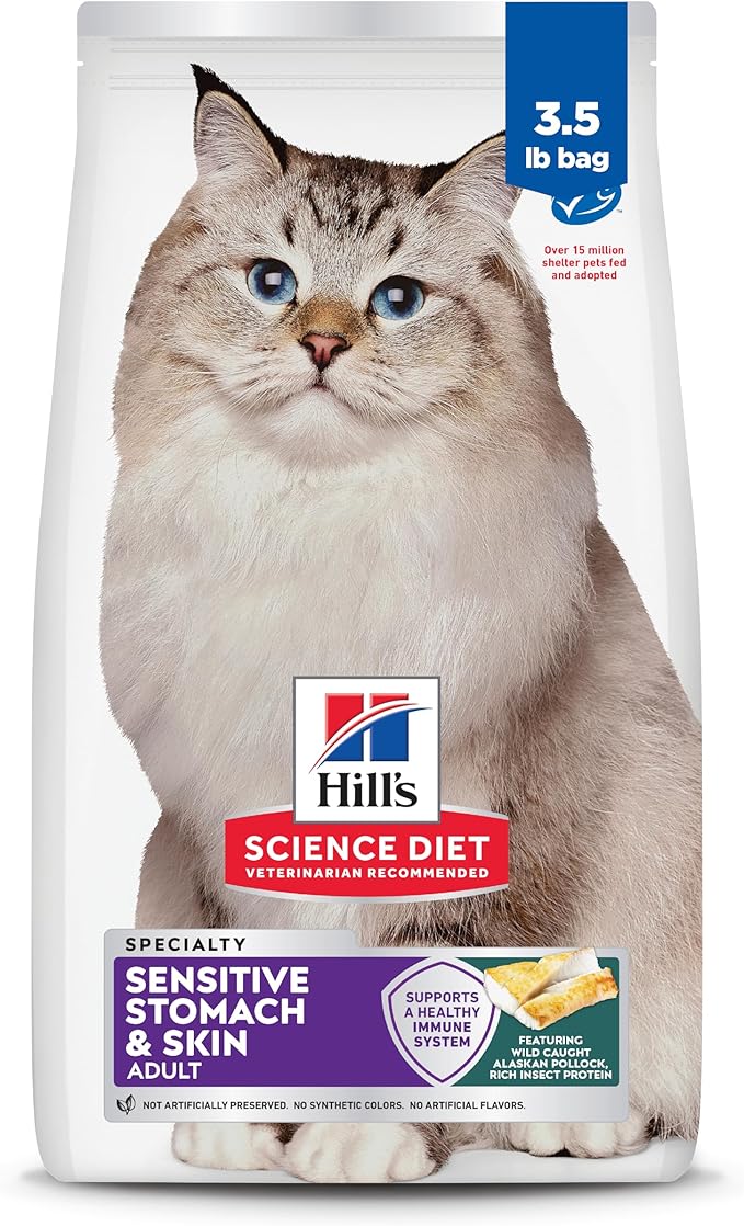 Hill's Science Diet Adult Sensitive Stomach & Skin Dry Cat Food, Pollock Meal & Barley, 3.5 lb. Bag (Updated Formula)