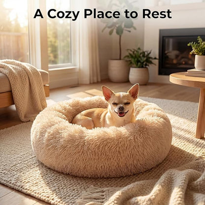 Tiny Dog Bed 15 Inch for Extra Small Dogs,Washable Puppy Bed,Soft Faux Fur Calming Donut Bed for Chihuahua Yorkie Maltese Pomeranian,Light Brown