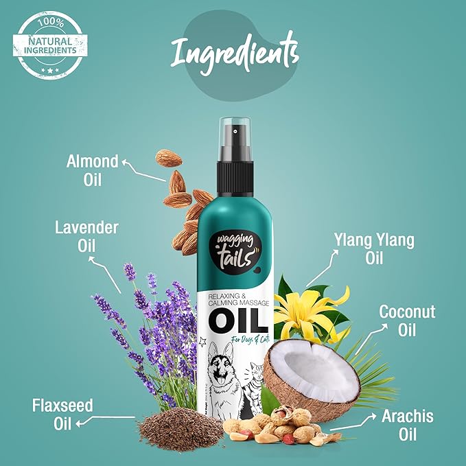 Wagging Tails 4-in-1 Relaxing & Calming Massage Oil for Dogs and Cats, 6.76 fl oz | Natural Grooming Formula | Enhances Coat Shine & Softness, Soothes Itching, Promotes Relaxation