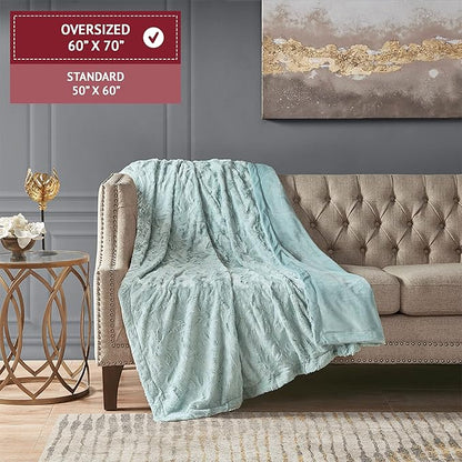 Madison Park Zuri Soft Plush Luxury Oversized Faux Fur Throw Animal Stripes Design, Faux Mink On The Reverse, Modern All Seasons Blanket for Bed, Sofa Couch, Office, Aqua, 60x70
