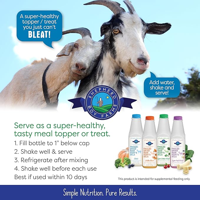 Shepherd Boy Farms Freeze Dried Raw Goats Milk with Probiotics for Dogs & Cats (Super Greens), Organic USA Veggies & Fruits, High Protein, Digestible Goat Milk Powder, Food Toppers - Makes 16 FL OZ