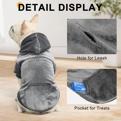 BEAUTYZOO Dog Hoodie Sweaters for Small Medium Dogs- Warm Fall Winter Fleece Jacket for Cold Weather, Soft Velour Hooded Coat with Leash Hole & Pocket, Puppy Sweatshirt Clothes Bulldog Schnauzer,Grey