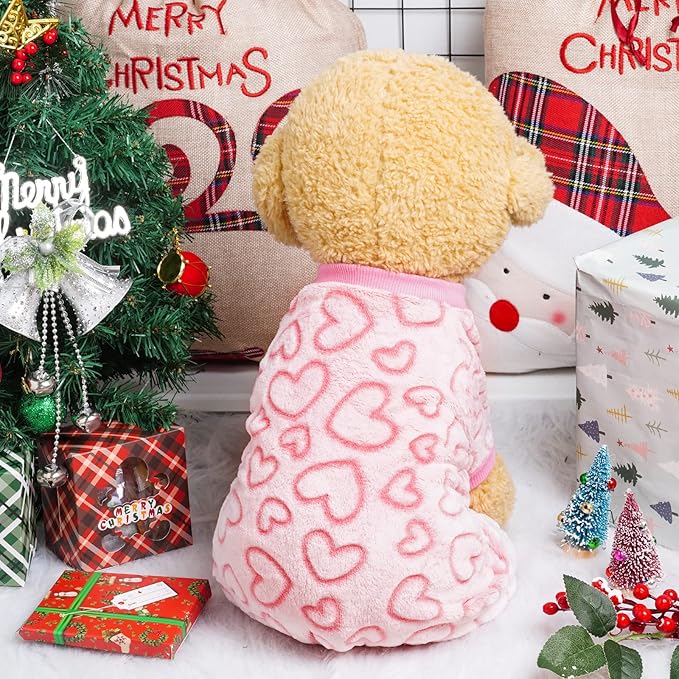 Dxhycc Fleece Dog Pajamas Cute Dog Heart Puppy Jumpsuit Warm Soft Pet Holiday Clothes for Small Medium Cats and Dogs (Pink, S)