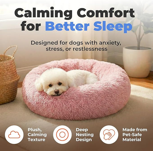 Best Pet Supplies Round Calming Dog Bed for Small, Medium & Large Dogs, Plush Donut Cuddler Pet Bed w/Raised Rim for Head, Neck Support, Anti-Slip Bottom Washable Bed - Pink, 27 x 27 x 7.5