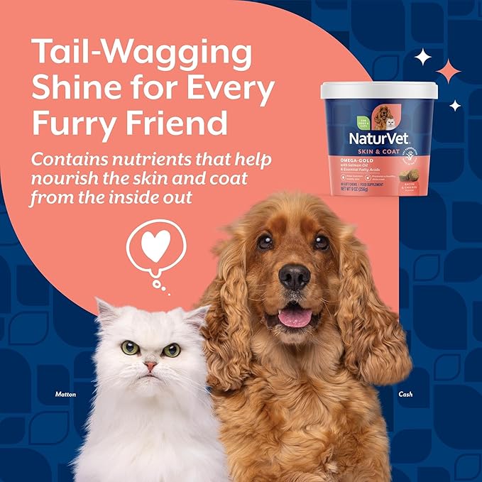 NaturVet – Omega-Gold Plus Salmon Oil | Supports Healthy Skin & Glossy Coat | Enhanced with DHA, EPA, Omega-3 & Omega-6 | for Dogs & Cats | 90 Soft Chews