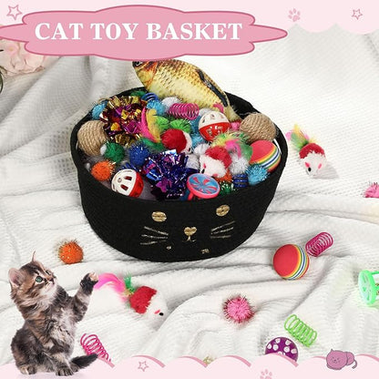 Zopeal 58 Pcs Easter Cat Storage Basket Gift Toys Set, Colorful Flashing Balls Pet Bell Crinkle Balls Spring Toys Attract Cat to Swat, Hunt, Interactive for Pet(Black,9.8 Inch)