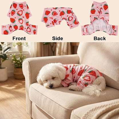 Dog Pajamas Spring Summer Dog Clothes for Small Medium Dogs Strawberry Print Girl Boy Cute Soft Puppy Pjs Clothes Doggie Onesies Cat Pet Jammies Outfit(Strawberry,L)
