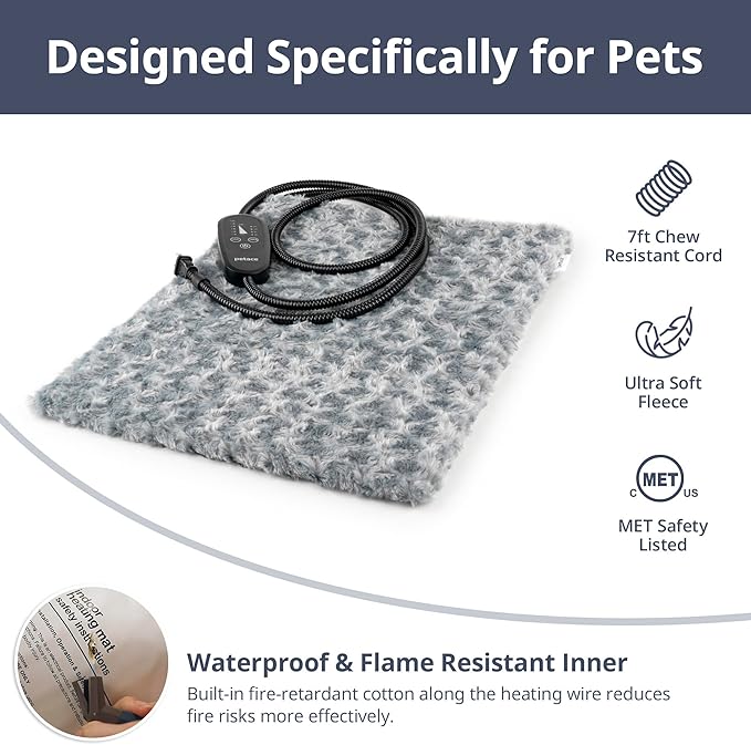 Adjustable Temperature Heated Cat Bed & Dog Heating Pad with Timer, Chew-Resistant Cord, Thick and Soft Cover, Indoor Pet Heating Pad, 29.5" x 17.7"