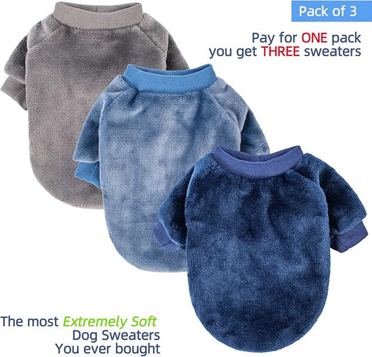 FabriCastle Small Dog Sweaters, 3-Pack Dog & Cat Clothes, Ultra Soft and Warm Pet Jackets for Small Dogs Boy & Girl, Winter Pet Apparel Costumes, Puppy Outfits (Grey,Blue,Dark Blue, Large)