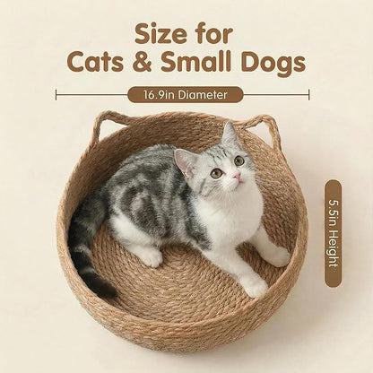 17" Woven Cat Basket Bed for Cats, Pet House with Cooling Mat & Soft Cushion for All Seasons - Washable, Handmade Braided Cattail Leaf, Boho Style, Cream White