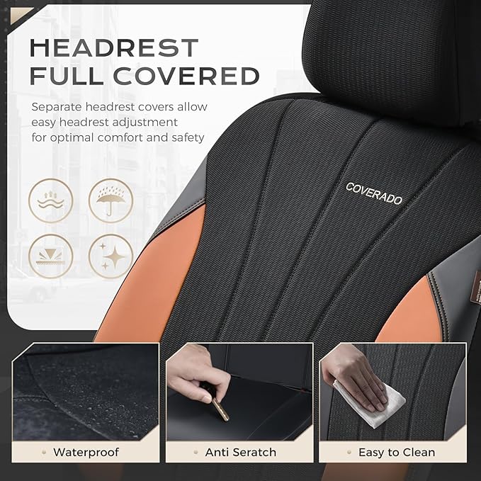 Coverado Seat Covers for Car 2 Seats, Leather Car Seat Covers Fullset, Breathable Mesh Front and Rear Protectors, Brown Luxury Automotive Covers, Universal Fit for SUV, Truck, Sedan
