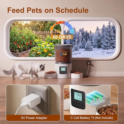Automatic Cat Feeder for 2 Cats 4L Timed Cat Dry Food Dispenser Double Bowl Auto Pet Feeder and Small Dogs Dual Power Supply 9 Meals Programmable 1-15 Portion Per Day with Stainless Bowl Easy Clean