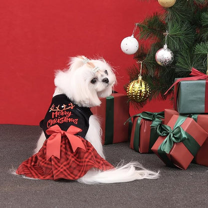 CuteBone Christmas Dog Dresses Velvet Holiday Small Dogs Clothes Onesie Pet Apparel Girl Puppy Skirt with Bow Hair Rope CVA59S-D