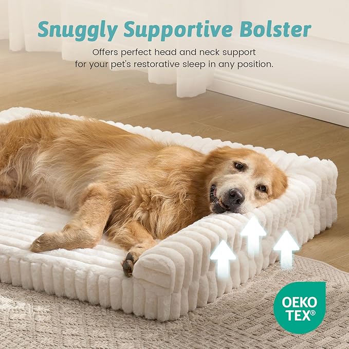 COZY KISS Large Dog Bed for Large Dogs, Faux Rabbit Fur Orthopedic Foam Dog Bed with Sides, Removable Washable Cover & Waterproof Lining, Comfortable Pet Couch, Cream (44" L x 32" W x 7" Th)