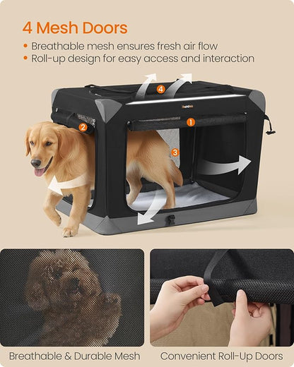 Feandrea Collapsible Dog Crate, Portable Oxford Fabric Pet Travel Crate with 4 Mesh Doors, Handles, Pocket, 36 Inches, for Large Dogs, Ink Black and Dove Gray UPDC029BH01