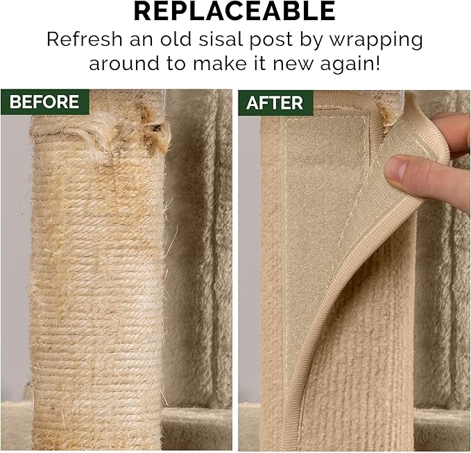 Furhaven Wrap Around Scratching Post Cover for Indoor Cats, Fits Posts Up to 3.5" Diameter, Durable & Less Mess - Tiger Tough Carpet Scratch Mat - Cream, Large (Pack of 3)