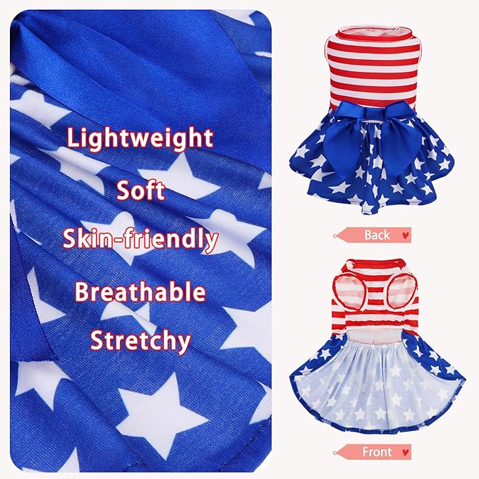 PUPTECK Print Dog Dress Pet Apparel for 4th of July with Cute Bowtie Puppy Clothes Outfit, Flag, XS