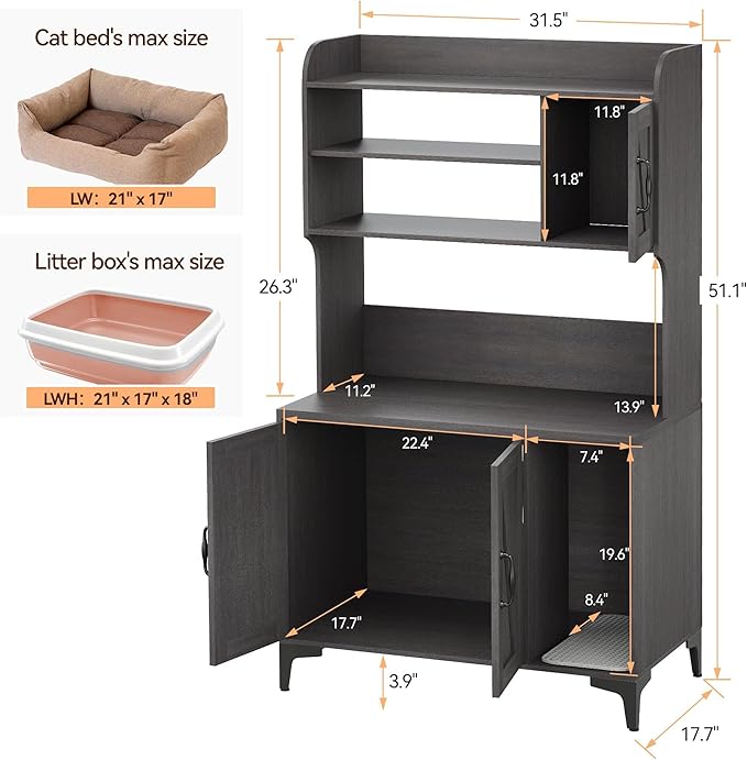 GarveeLife Cat Litter Box Enclosure with Shelves, Litter Box Cabinet, Hidden Cat Box Furniture with Scratching Mat, Wood Sturdy Cat Washroom Storage, Indoor Cat House, Walnut