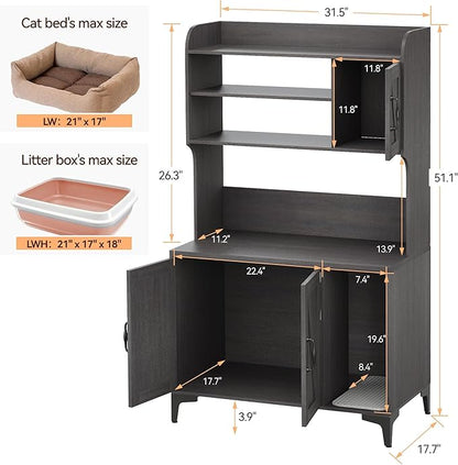 GarveeLife Cat Litter Box Enclosure with Shelves, Litter Box Cabinet, Hidden Cat Box Furniture with Scratching Mat, Wood Sturdy Cat Washroom Storage, Indoor Cat House, Walnut