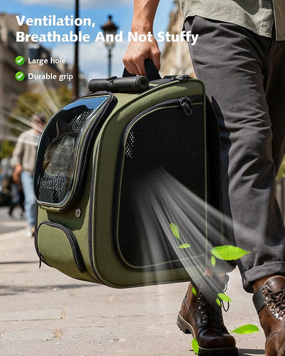 Pecute Cat Backpack Carrier Expandable, Large Space Cat Bubble Backpack, Breathable Cat Carrier, Shaded Dog Backpack Carrier for Travel, Hiking, Vet,12.6" L x 10.2" W x 16.5" H,Green