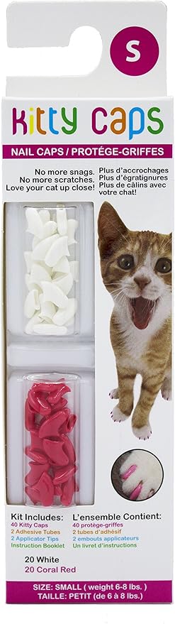 Kitty Caps Nail Caps for Cats Safe, Stylish & Humane Alternative to Declawing Covers Cat Claws, Stops Snags and Scratches, Small (6-8 lbs), Pure White & Coral Red (Pack of 1)