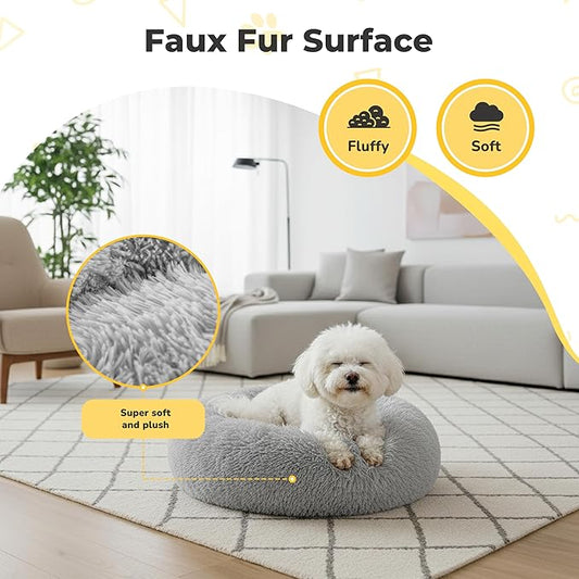 Soft Round Dog & Cat Bed, Anti-Anxiety Donut Cuddler with Anti-Slip Bottom Cozy Fluffy Pet Bed for Medium Large Dogs and Cats, 30inch, Grey
