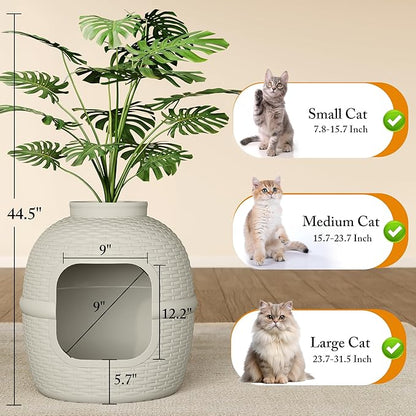 Cat Litter Box, Hidden Litter Box with Faux Plant, Heavy Duty Litterbox Enclosure Furniture with Rattan Pattern, PP Cat Box Enclosure Furniture for Living Room, Bedroom, White