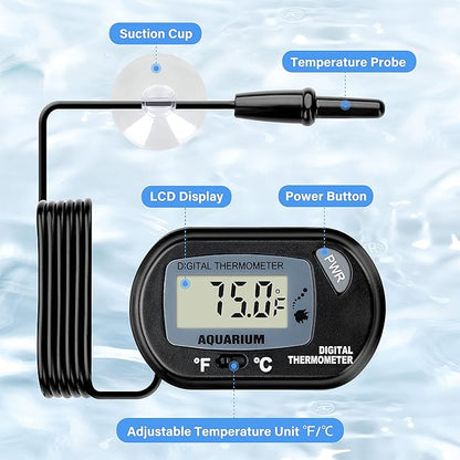 Digital aquarium thermometer with labeled parts on a water background